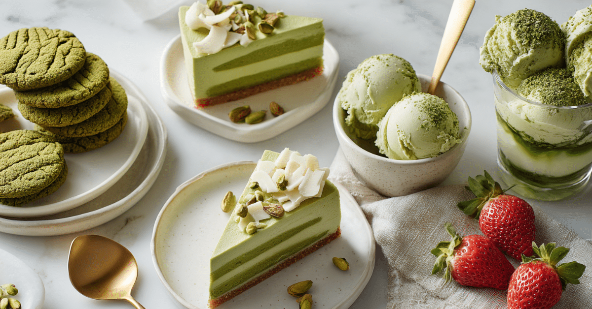 Assorted no-bake matcha desserts on white marble