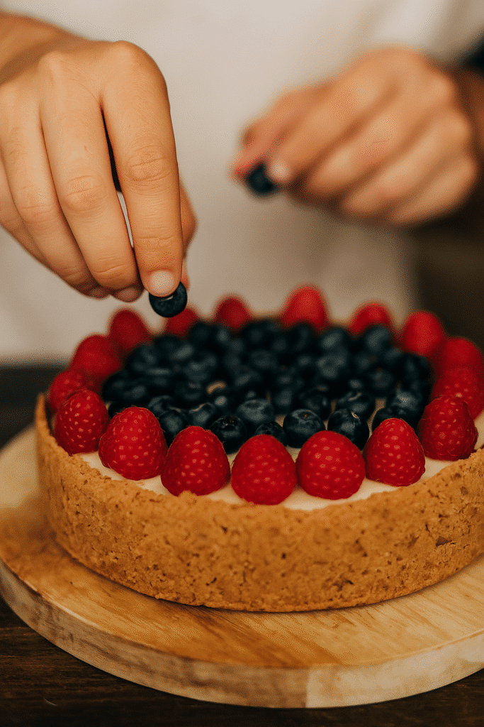 About me 3 No-Bake Berry Cheesecake Being Garnished with Fresh Fruit