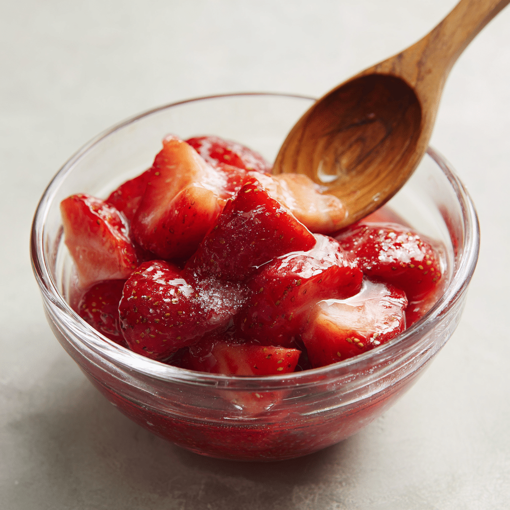 Strawberry Matcha Latte: No-Bake, Fresh & Fruity Summer Favorite 5 sweetened chopped strawberries in a glass bowl with juice