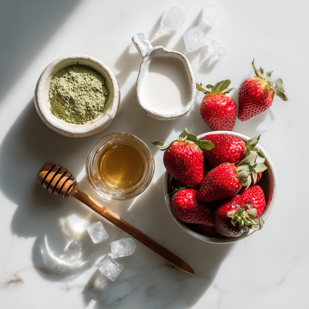 Strawberry Matcha Latte: No-Bake, Fresh & Fruity Summer Favorite 2 matcha powder, almond milk, strawberries, honey, and ice cubes on marble