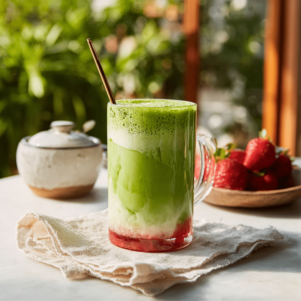 Strawberry Matcha Latte: No-Bake, Fresh & Fruity Summer Favorite 6 strawberry matcha latte served in a clear glass mug on a summer table