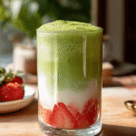 close-up of a strawberry matcha latte with green tea, milk, and red strawberry layer