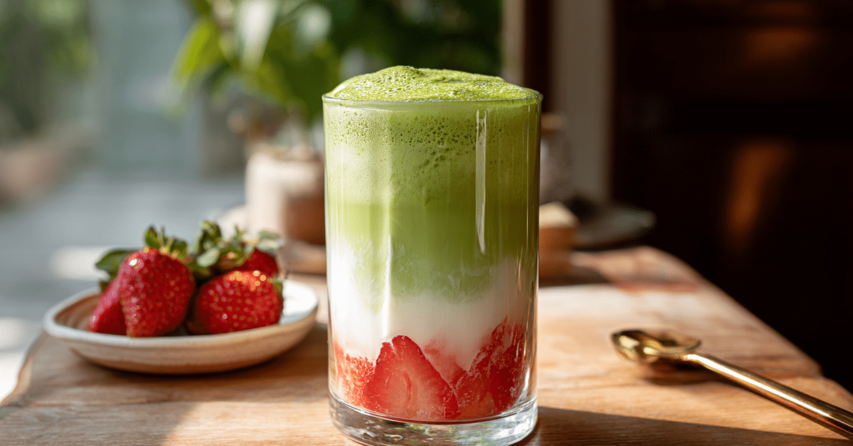 Strawberry Matcha Latte: No-Bake, Fresh & Fruity Summer Favorite 3 close-up of a strawberry matcha latte with green tea, milk, and red strawberry layer