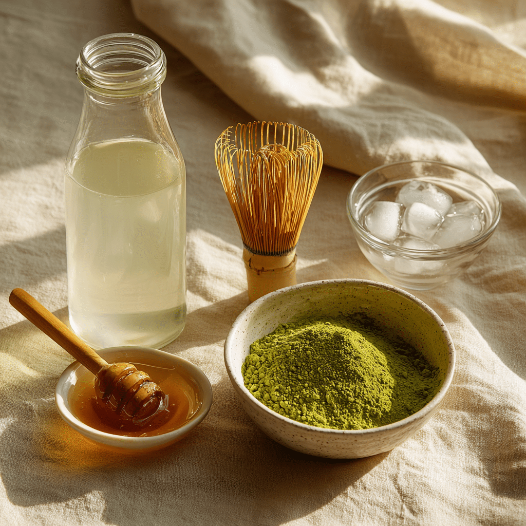 Coconut Water Matcha – How to Make This Refreshing Drink Fast 5 coconut water matcha ingredients laid out naturally