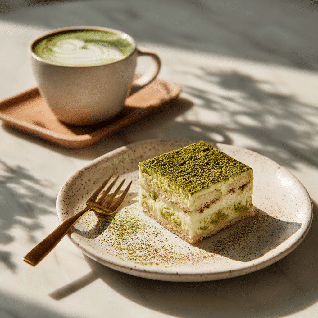 Creamy Matcha Tiramisu (No-Bake Japanese Twist on a Classic Dessert) 7 A plated slice of matcha tiramisu served café-style with a dusting of matcha powder, a gold fork, and a cup of matcha latte on a marble table.