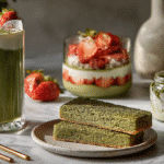 Elegant no-bake matcha recipe spread with drinks and desserts on marble surface