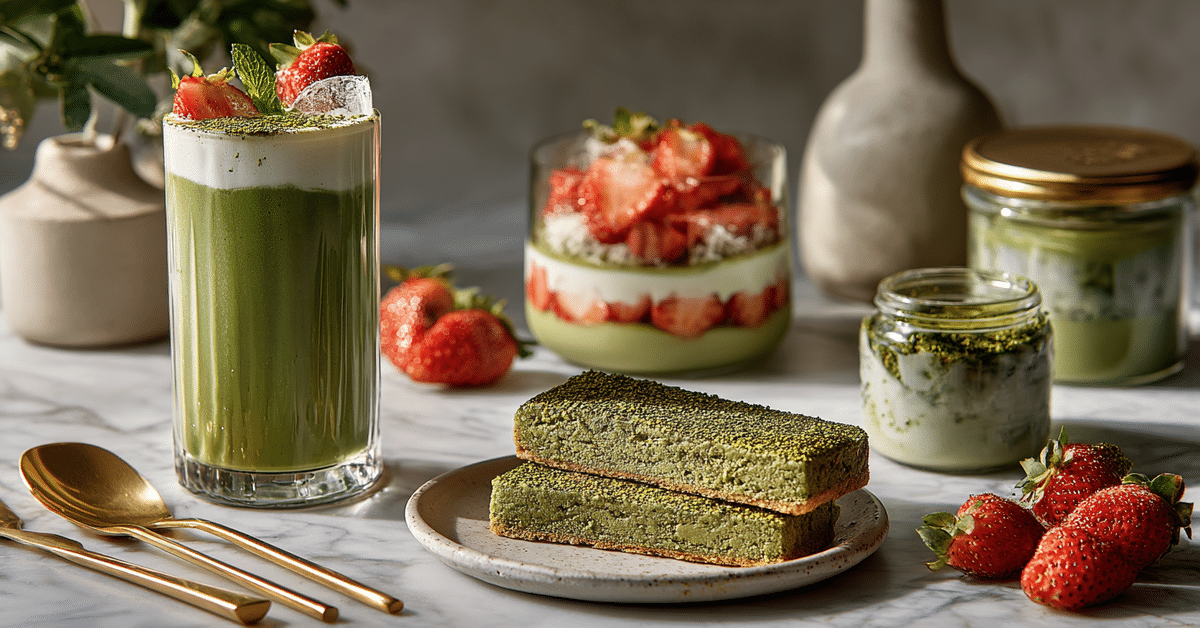 Elegant no-bake matcha recipe spread with drinks and desserts on marble surface