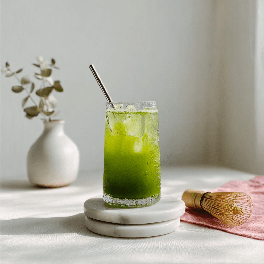 Matcha Recipes You’ll Love: No Bake Mocktails, Lattes & Easy Desserts 3 Coconut water matcha drink in a clear glass with metal straw – refreshing no-bake matcha recipe