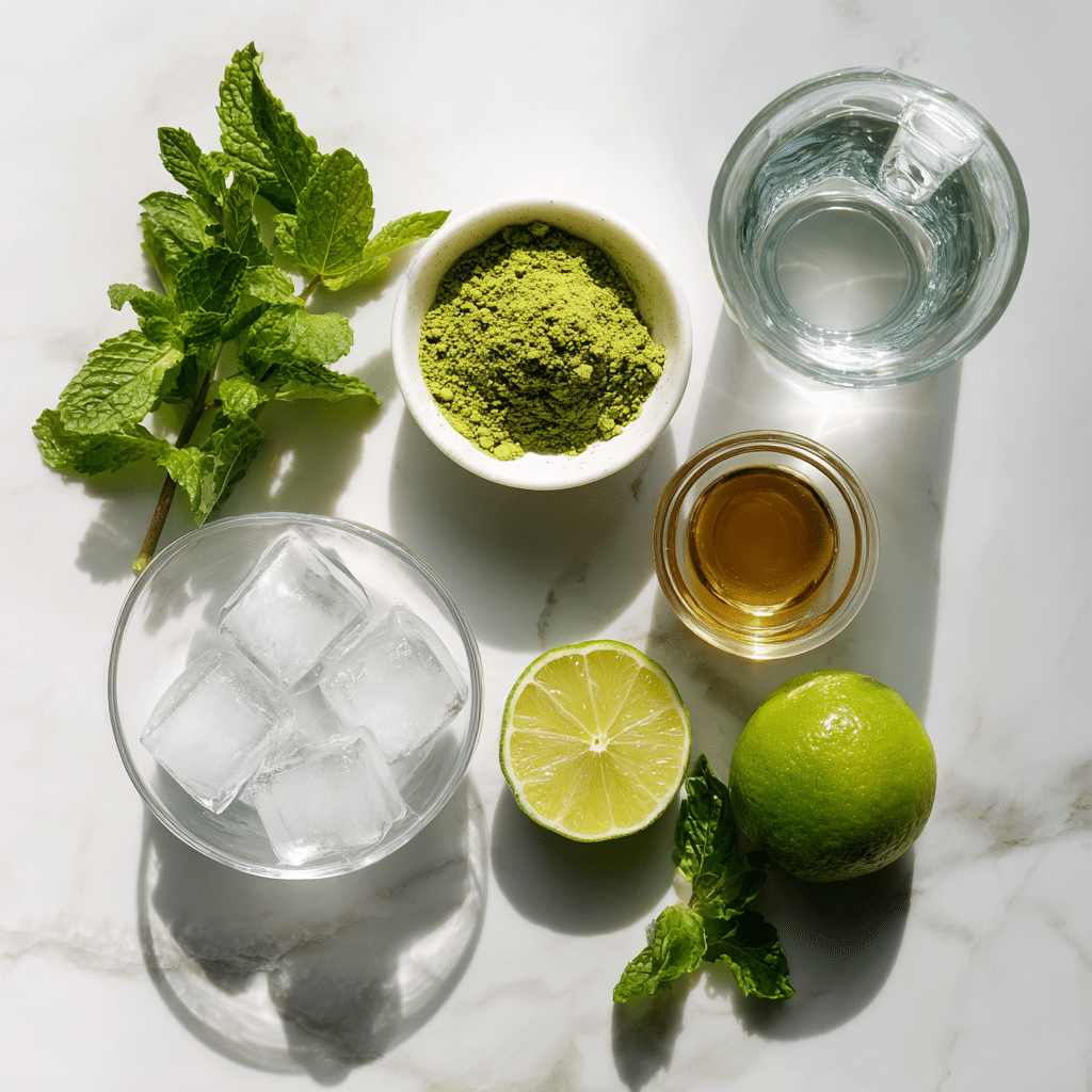 Matcha mocktail – The Best of the Best Refreshing Recipe 5 flat lay of matcha mocktail ingredients on white marble