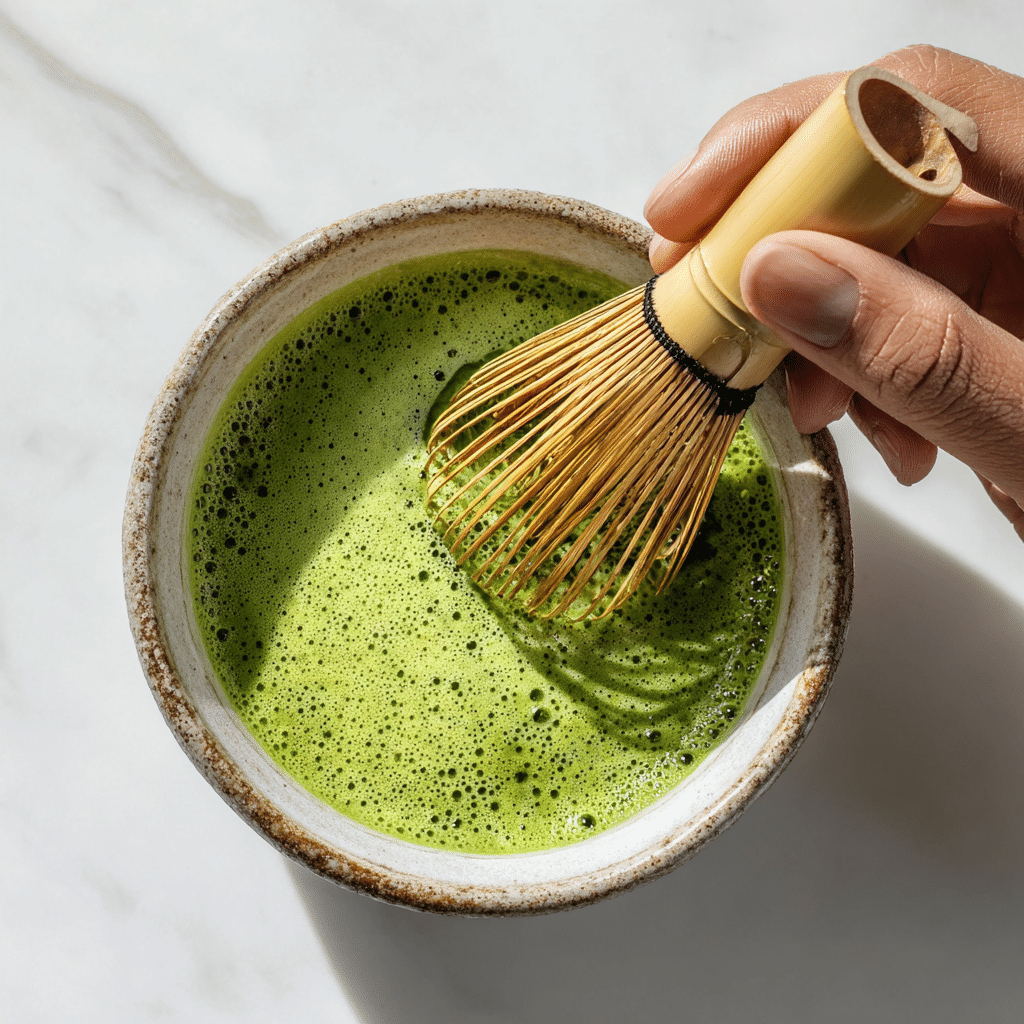 Creamy Matcha Tiramisu (No-Bake Japanese Twist on a Classic Dessert) 6 matcha soak bamboo whisk