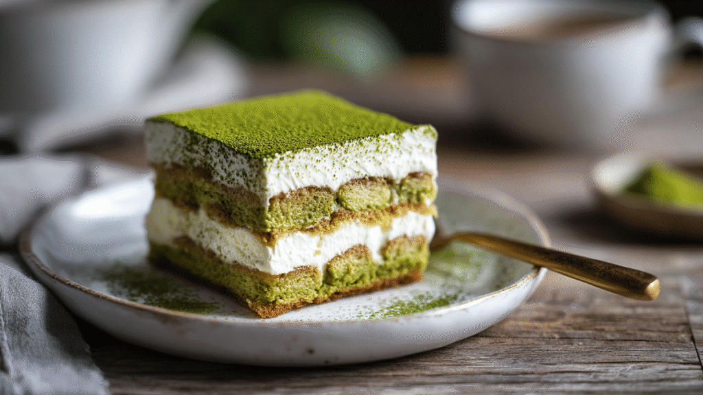 Creamy Matcha Tiramisu (No-Bake Japanese Twist on a Classic Dessert) 2 Matcha tiramisu slice with cream and green tea layers