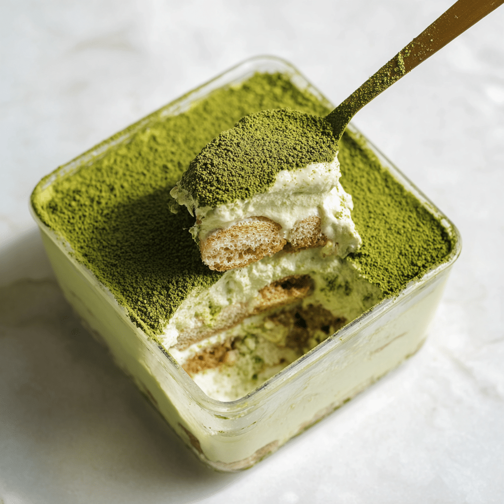 Matcha Recipes You’ll Love: No Bake Mocktails, Lattes & Easy Desserts 6 No-bake matcha tiramisu in a glass container with a spoonful lifted – creamy matcha recipe