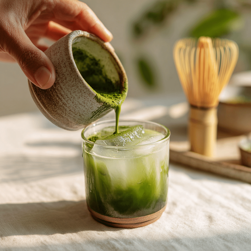 Coconut Water Matcha – How to Make This Refreshing Drink Fast 7 pouring matcha into coconut water to create layered drink