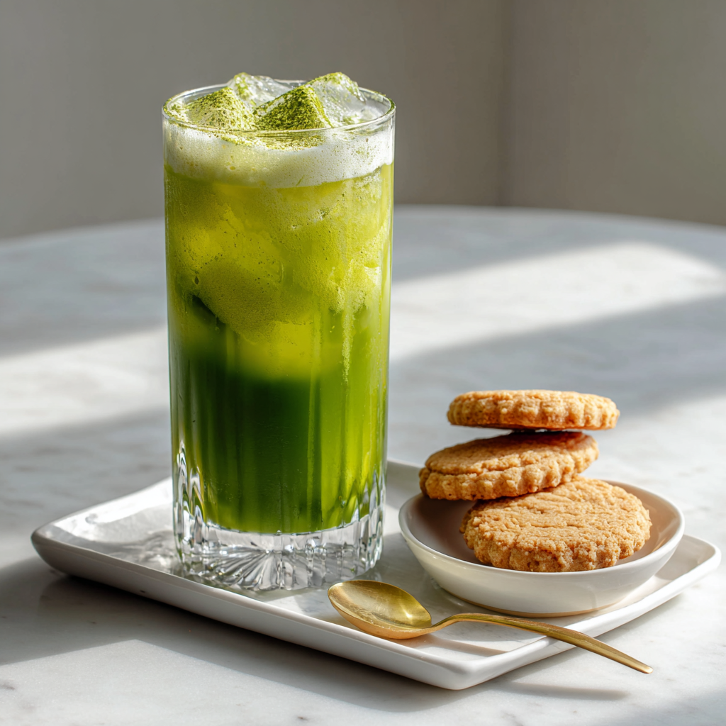 Matcha mocktail – The Best of the Best Refreshing Recipe 2 matcha mocktail served with cookies on white tray