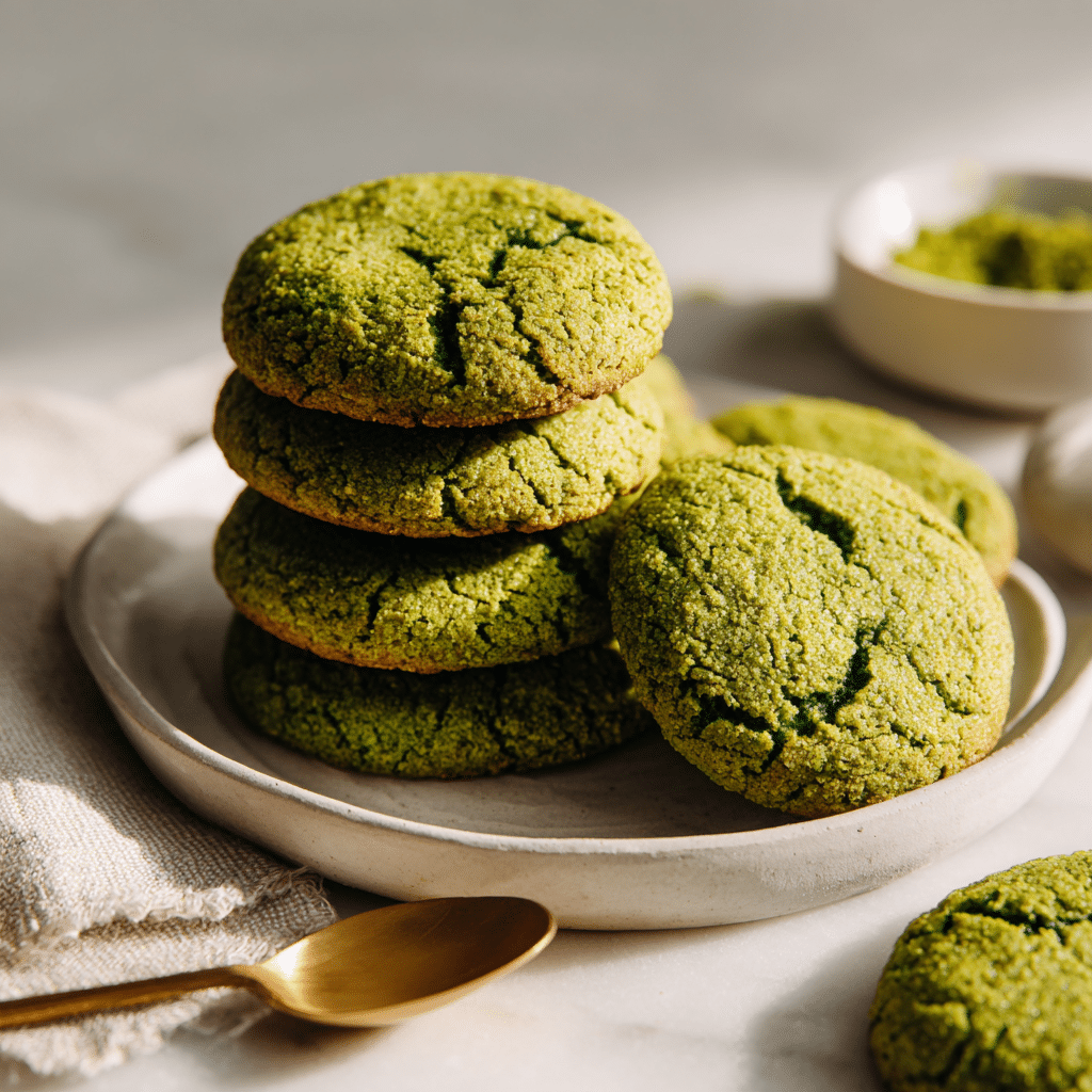 Matcha Desserts: Irresistible No‑Bake Treats with Green Tea Power 5 Soft and chewy matcha cookies stacked on a white plate