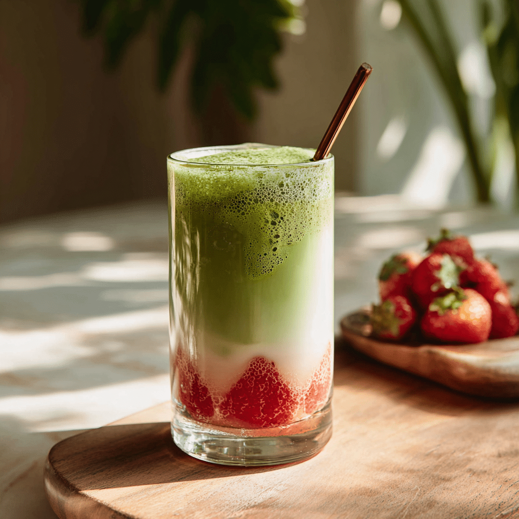 Matcha Recipes You’ll Love: No Bake Mocktails, Lattes & Easy Desserts 5 Layered strawberry matcha latte in a clear glass fruity no-bake matcha recipe